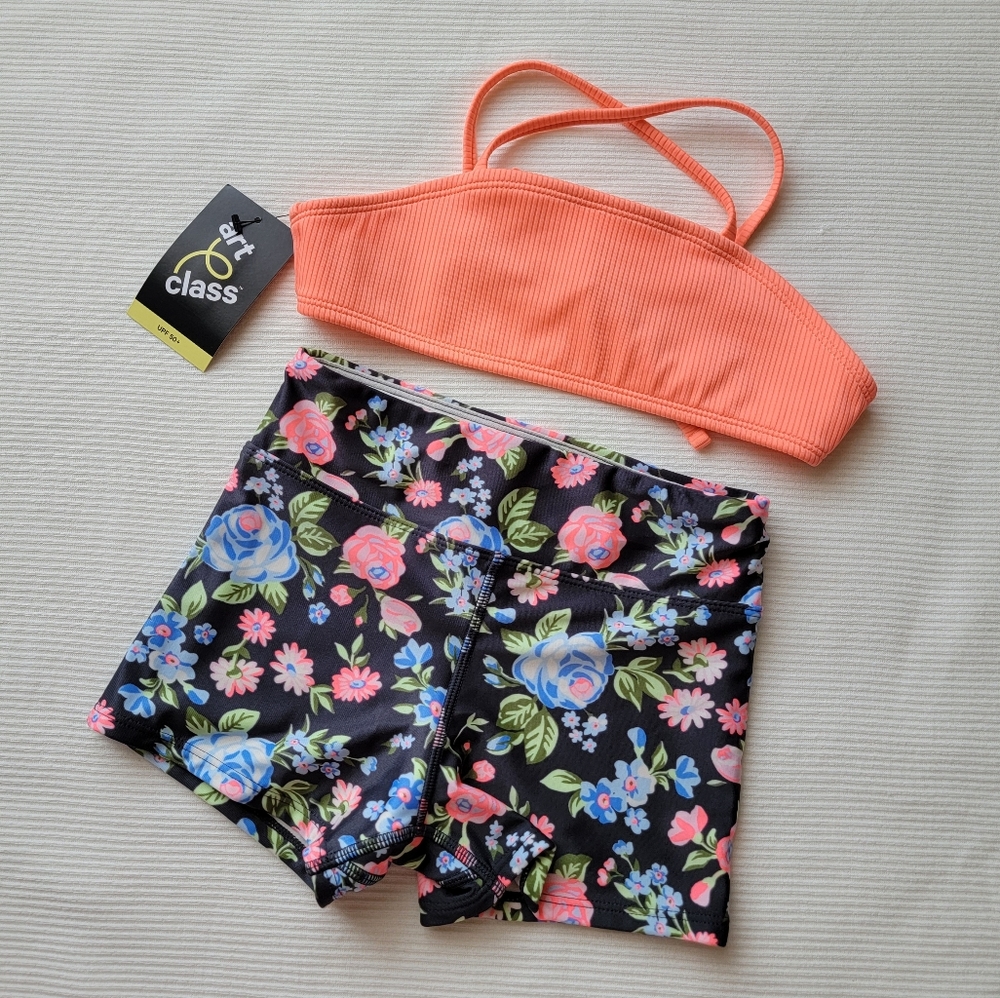 Girls Art Class Bikini Swim Set Floral Shorts Ribbed Top